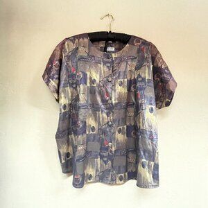 Thai Silk By Apple Women's Button Down Blouse Lightweight Geo Brown Top Shirt